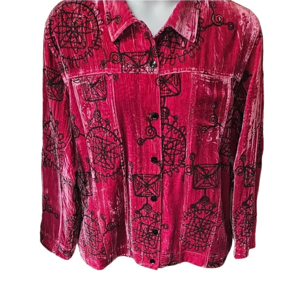  CHICO'S FUSHIA & BLACK NEW embroidered designs  longSleeve velvet silk Jacket - Picture 3 of 17